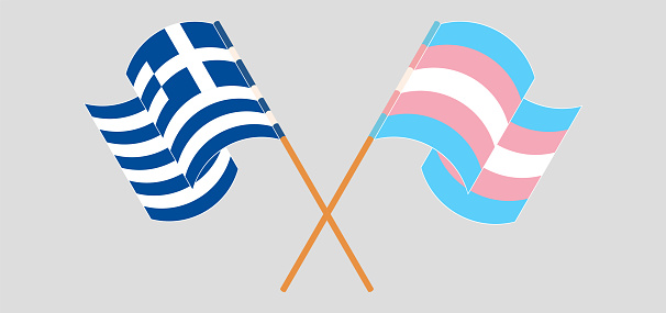 Crossed and waving flags of Greece and transgender pride. Vector illustration
