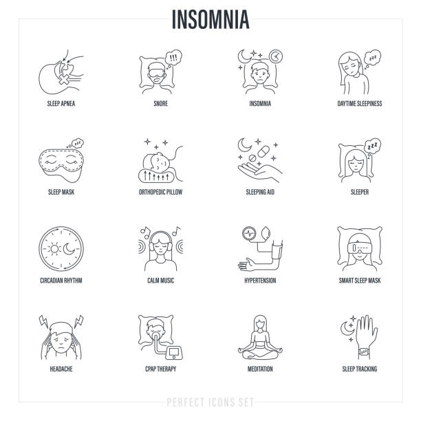 ilustraciones, imágenes clip art, dibujos animados e iconos de stock de conjunto de insomnio. métodos de prevención: apnea del sueño, terapia cpap, almohada ortopédica, máscara del sueño, píldoras, ritmo circadiano, música tranquila, hipertensión, máscara de sueño inteligente, meditación. iconos de línea delgada.  - apnea del sueño