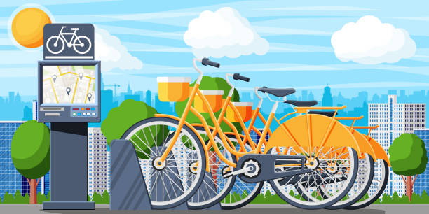 City Bicycle Sharing System and Urban Landscape City Bicycle Sharing System and Urban Landscape. Bike Stand with Rental Bicycles. Bike on Docking Station and Electric Terminal. Urban Transportation Smart Service. Cartoon Flat Vector Illustration bicycle docking station stock illustrations