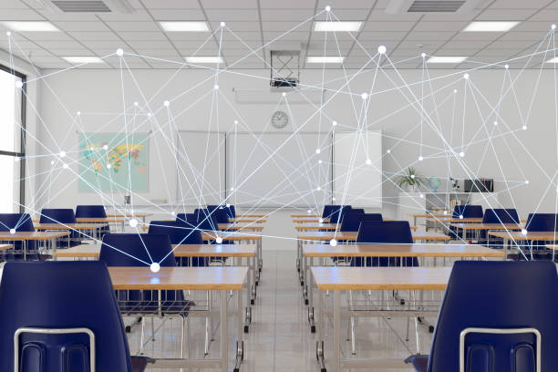 Empty Classroom With Desks And Chairs. Lines And Dots Forming A Plexus Empty Classroom With Desks And Chairs. Lines And Dots Forming A Plexus school alarm stock pictures, royalty-free photos & images