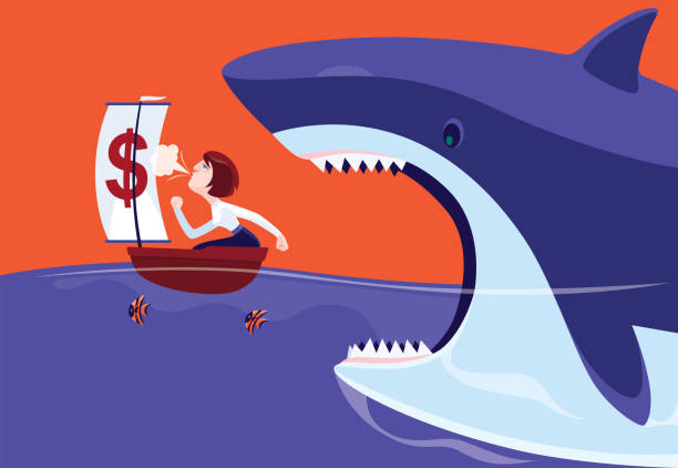 istock angry shark eating businesswoman with sailboat 1330206213