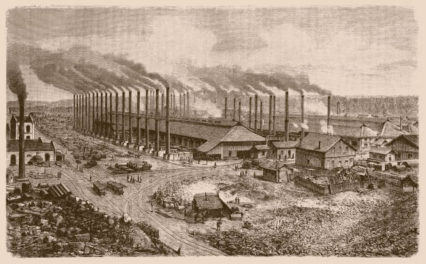 Volklinger Hutte ironworks. 19th century engraving of part of the Voelklinger Huette ironworks, Volklingen, Germany. These ironworks opened in 1873. The site is now a UNESCO World Heritage site Illustration of Volklinger Hutte ironworks. 19th century engraving of part of the Voelklinger Huette ironworks, Volklingen, Germany. These ironworks opened in 1873. The site is now a UNESCO World Heritage site ancient civilization illustrations stock illustrations