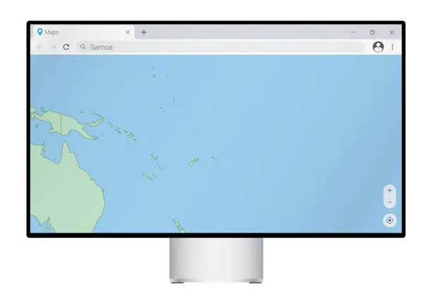 Vector illustration of Computer monitor with map of Samoa in browser, search for the country of Samoa on the web mapping program.