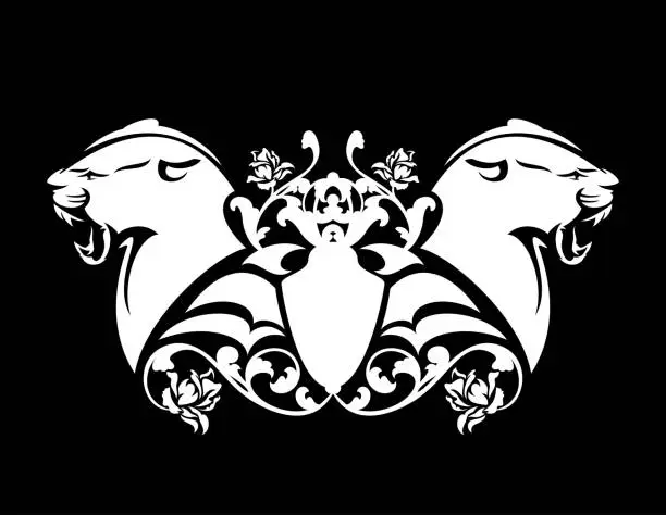 Vector illustration of black and white vector design of panther head and rose flowers heraldic crest