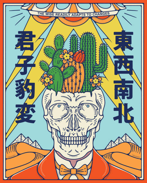 The great outdoors adventure - Cactus The great outdoors adventure Cactus is a vector illustration about the desert and the ability to adapt. Japanese Kanji on the left mean "the wise readily adapt themselves to changed circumstances" and on the right "north, west, south, east". japanese language stock illustrations
