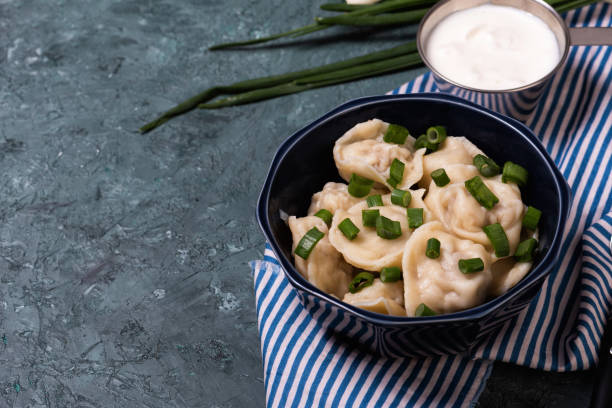 Traditional russian pelmeni or meat dumplings with sour cream Traditional russian pelmeni or meat dumplings with sour cream. Homemade organic dinner russian pelmeni stock pictures, royalty-free photos & images
