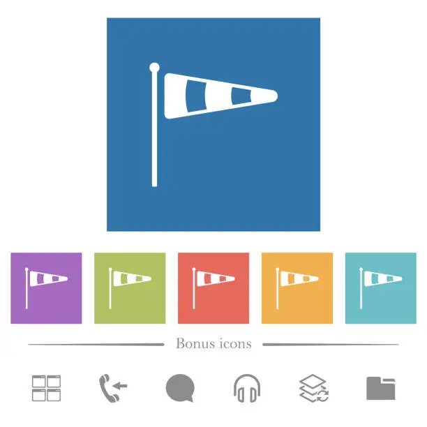 Vector illustration of Windsock indicator solid flat white icons in square backgrounds