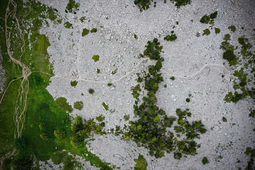 aerial view on a hiking trail in the moutains of vercors