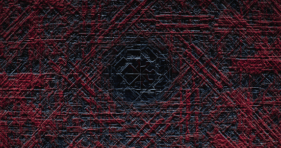 An abstract painting of red lines applied with paints on a black background looks very bright and unusual.