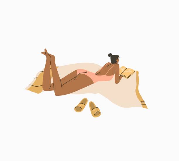 stockillustraties, clipart, cartoons en iconen met hand drawn vector abstract stock graphic summer time cartoon,minimalistic style illustrations print with bohemian beautiful girl sunbathes and lying on the beach,isolated on white background - sunbathing