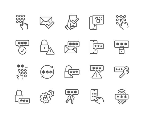 ilustraciones, imágenes clip art, dibujos animados e iconos de stock de iconos de contraseña de línea - combination lock illustrations