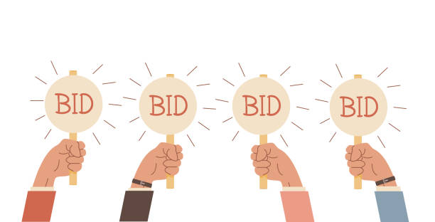 ilustrações de stock, clip art, desenhos animados e ícones de auction bidding. hands holding bids paddle. sale and buyers. business competitors buying. financial auctioneers holding cards with caption. flat arm with signs. vector illustration on white. - caption