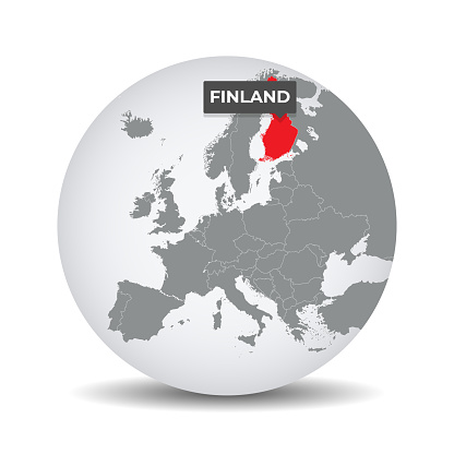 World globe map with the identication of Finalnd. Map of Finland. Finland on grey political 3D globe. Europe countries. Vector stock.