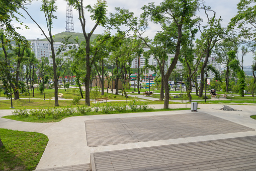 Vladivostok, Russia - July 23, 2021: Nagornyy Park. Contemporary public space.