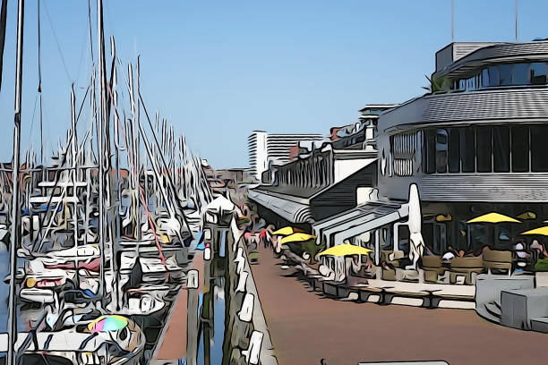 Netherlands. The Hague. July 06, 2021. Illustrated image of sidewalk restaurant along the sailing port of Scheveningen