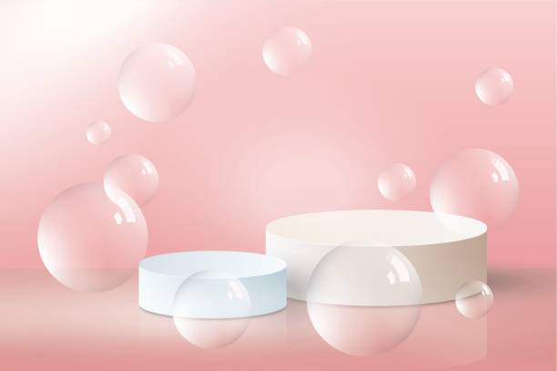 istock Podium, platform, pedestal with air flying bubbles on a pink background. Minimalistic stage with geometric shapes for product presentation. Vector illustration 1330225410
