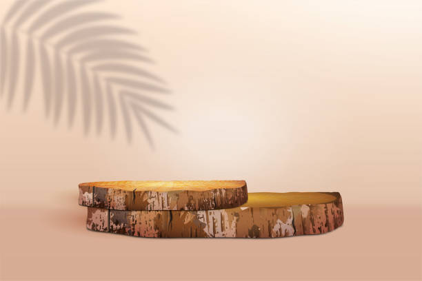 istock Two round wooden saw cuts on a beige background with a shadow of a palm tree. Geometric podium, pedistal, stage. Empty template for presentation of eco cosmetic products 1330225439