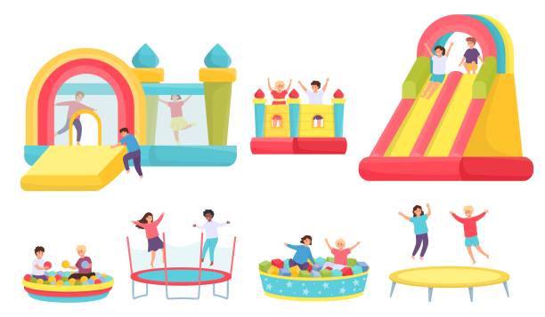 ilustrações de stock, clip art, desenhos animados e ícones de children jumping on trampolines. cartoon boys and girls in bouncy castle and inflatable trampoline. kids in soft pool with balls vector set - inflatable child jumping leisure games