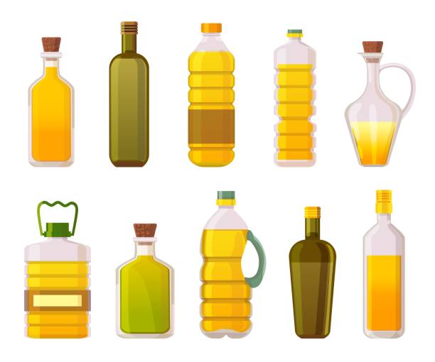 Oil bottles. Sunflower, olive, corn and vegetable cooking oils in glass and plastic packages. Extra virgin organic oil products vector set Oil bottles. Sunflower, olive, corn and vegetable cooking oils in glass and plastic packages. Extra virgin organic oil products vector set. Illustration oil sunflower or olive to cooking essential oil stock illustrations