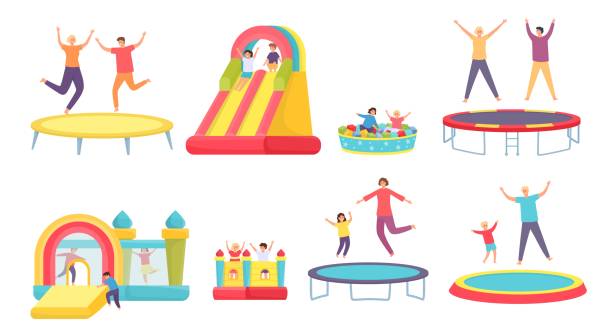ilustrações, clipart, desenhos animados e ícones de as pessoas pulam no trampolim. adultos felizes, crianças e família saltam em camas elásticas, casa inflável e escorregador. conjunto de vetores de entretenimento ativo - inflatable slide sliding child