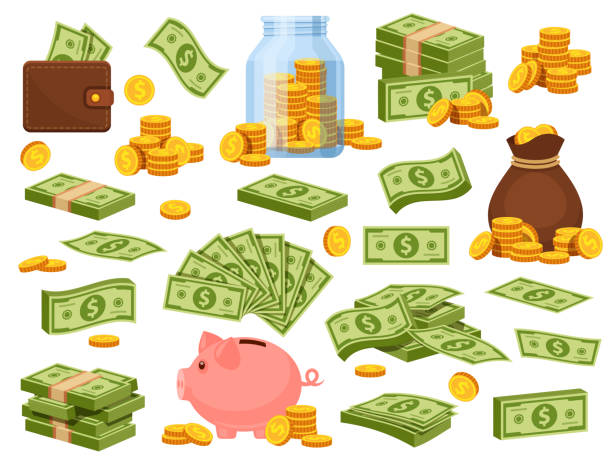 stockillustraties, clipart, cartoons en iconen met cartoon money bag and piles. piggy bank, banknote packs, wallet with dollar bills, gold stacks and sack with coins. cash savings vector set - papiergeld