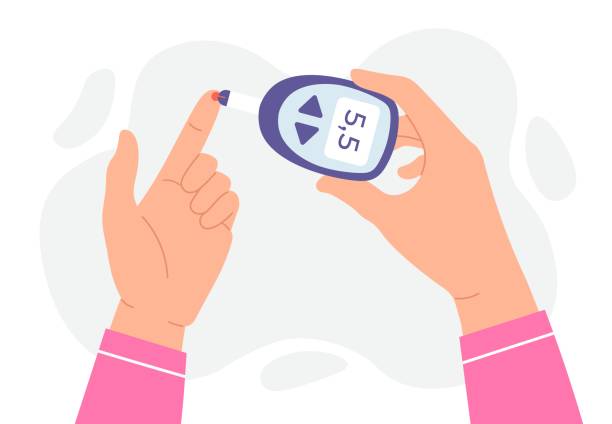 blood glucose test. hands hold glucometer and measures sugar level by finger stick. diabetes monitoring and analysis device vector concept - glükomere stock illustrations