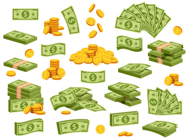 ilustrações de stock, clip art, desenhos animados e ícones de cartoon banknotes and coins. green dollar bill packs, bundles, stacks and piles. flying banknote and falling gold coin. bank cash vector set - coin stack change heap