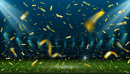 Football stadium with golden confetti. Landscape with american football field and arena lights. Sport game winner celebration vector concept