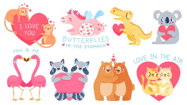 ilustrações de stock, clip art, desenhos animados e ícones de valentines day animal couples. cute unicorn with butterflies, cats, bears, koala and flamingo in love. cartoon animals hold heart vector set - koala animal love cute