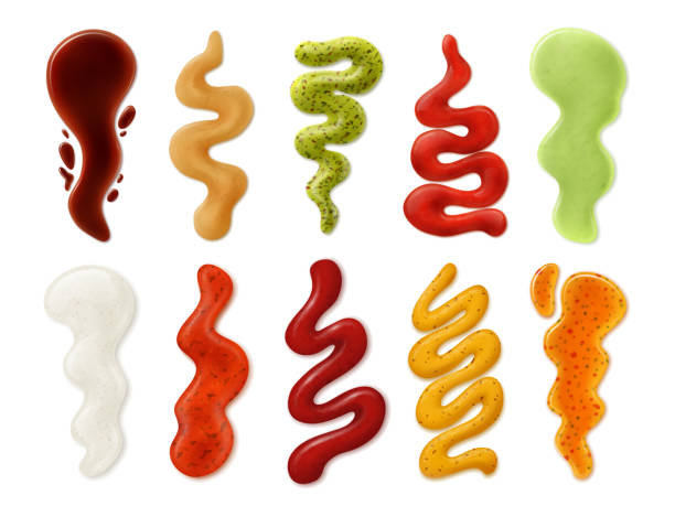 istock Realistic sauces strips. Tomato ketchup, mayonnaise, mustard, cheese and wasabi spicy sauce spots, splashes and stain 3d isolated vector set 1330229022