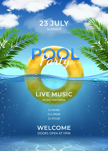 Pool party. Summer swimming party invitation template with inflatable ring, palm leaves, water and sky with clouds, realistic vector poster. Illustration pool party summer template poster
