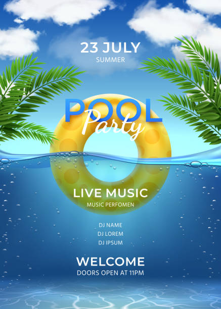 Pool party. Summer swimming party invitation template with inflatable ring, palm leaves, water and sky with clouds, realistic vector poster Pool party. Summer swimming party invitation template with inflatable ring, palm leaves, water and sky with clouds, realistic vector poster. Illustration pool party summer template poster standing water stock illustrations