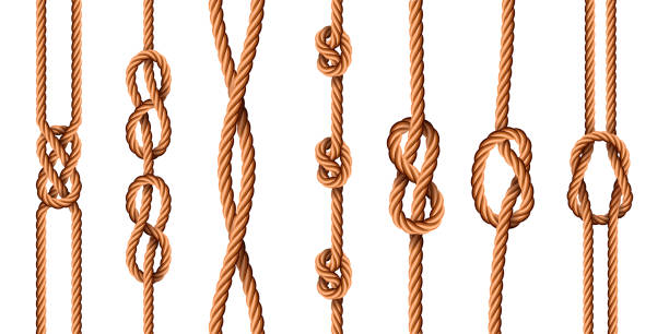 istock Nautical knots. Realistic ropes with sailor or scout knot types. Tied marine jute cords with loops. Bended cartoon hemp threads vector set 1330229055