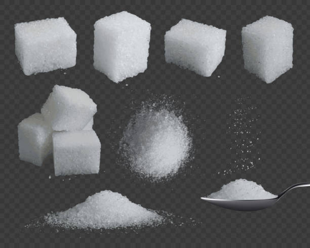 Realistic sugar. 3d glucose in cubes and powder. White grain sugar in spoon, pile top and side views. Sweet fructose seasoning vector set vector art illustration