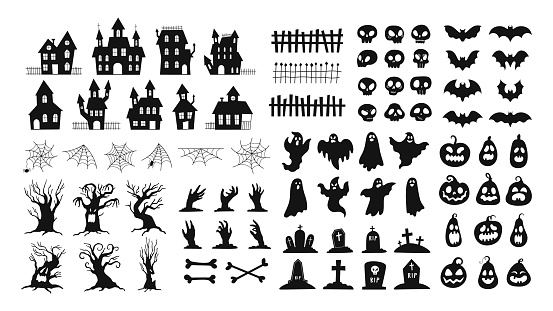Halloween silhouettes. Spooky decorations zombie hands, scary tree, ghosts, haunted house, pumpkin faces and graveyard tombstones vector set. Illustration halloween bat, scary and spooky