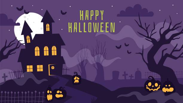 ilustrações, clipart, desenhos animados e ícones de banner de halloween com casa assombrada. pôster com cemitério assustador, lua cheia, árvores assustadoras, lápides e lanternas de fundo vetor - halloween castle cartoon backgrounds