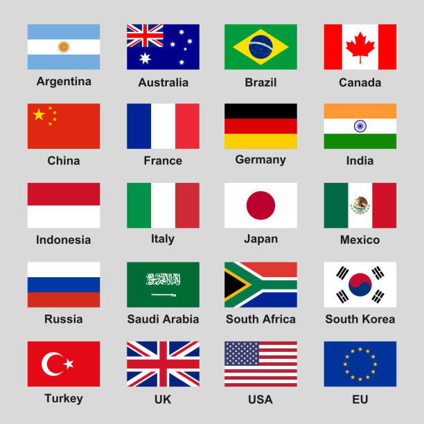 illustrazioni stock, clip art, cartoni animati e icone di tendenza di set di bandiere vettoriali delle nazioni del g20 (rapporto 4:3) - argentina arabia saudita