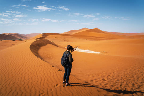 Tourist Hiking on the Namib Desert Dunes Near Deadvlei, Namib-Naukluft National Park, Namibia, Africa Active female traveler hiking on the dunes around Deadvlei in the Namib Desert, Namib-Naukluft National Park, Namibia, Africa. namibia stock pictures, royalty-free photos & images