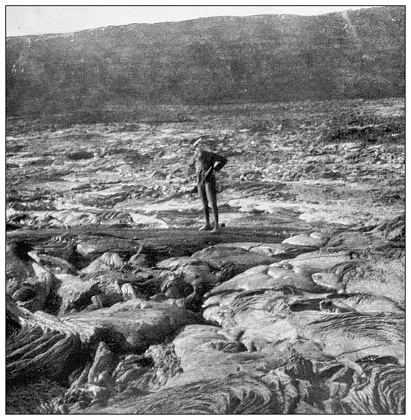 Antique black and white photograph of people from islands in the Caribbean and in the Pacific Ocean; Cuba, Hawaii, Philippines and others: Lava flow of Mauna Loa, Hawaii