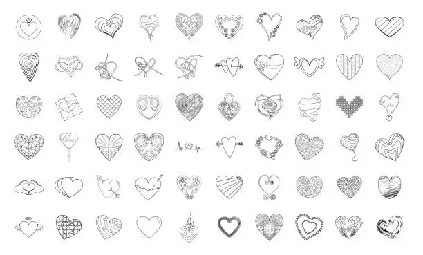 Vector illustration of Set of heart shape sketches