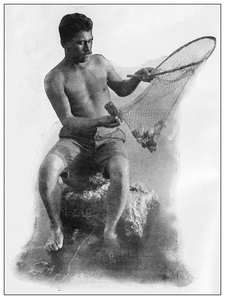 antik fekete-fehér fénykép: garnélahalász, molokai, hawaii - molokai nature reserve témájú stock illusztrációk