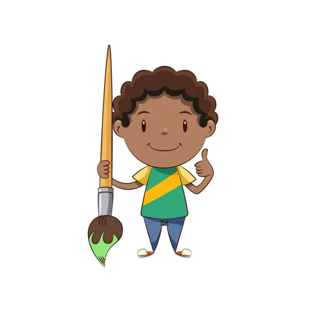 Vector illustration of Boy holding big paintbrush, happy cute kid thumbs up