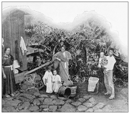 Antique black and white photograph of people from islands in the Caribbean and in the Pacific Ocean; Cuba, Hawaii, Philippines and others: Japanese laborers, Molokai, Hawaii