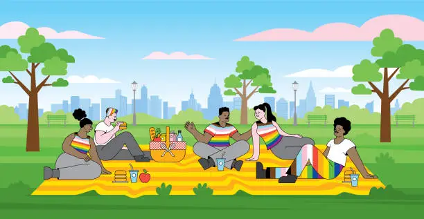 Vector illustration of LGBTQIA picnic with friends