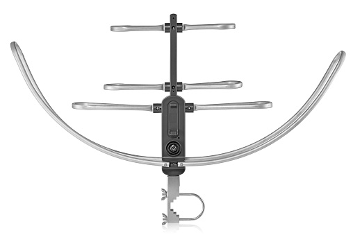 Front vertical view of metal uhf vhf tv antenna on white background