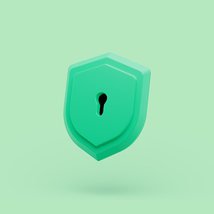 Shield protected icon with keyhole simple 3d illustration on pastel abstract background. minimal concept. 3d rendering