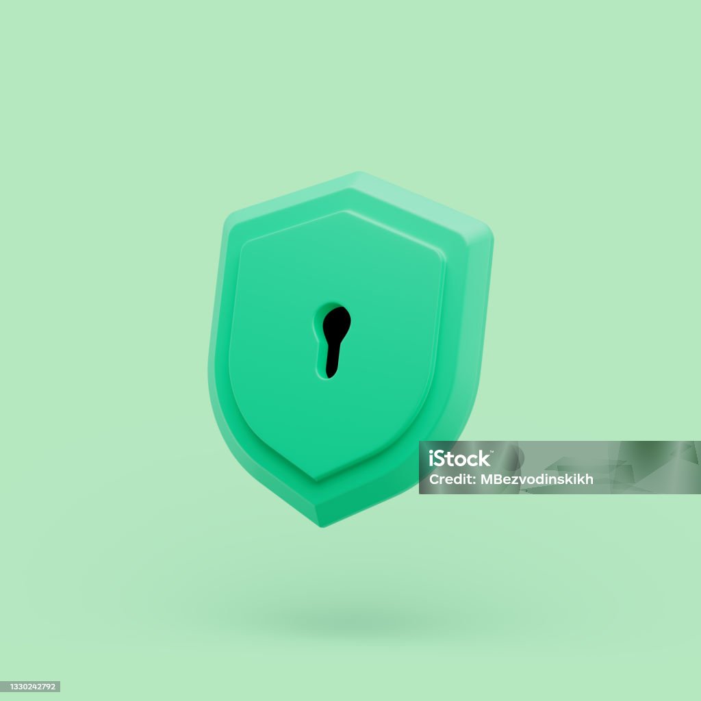 Shield protected icon with keyhole simple 3d illustration on pastel abstract background. 3d rendering Shield protected icon with keyhole simple 3d illustration on pastel abstract background. minimal concept. 3d rendering Three Dimensional Stock Photo