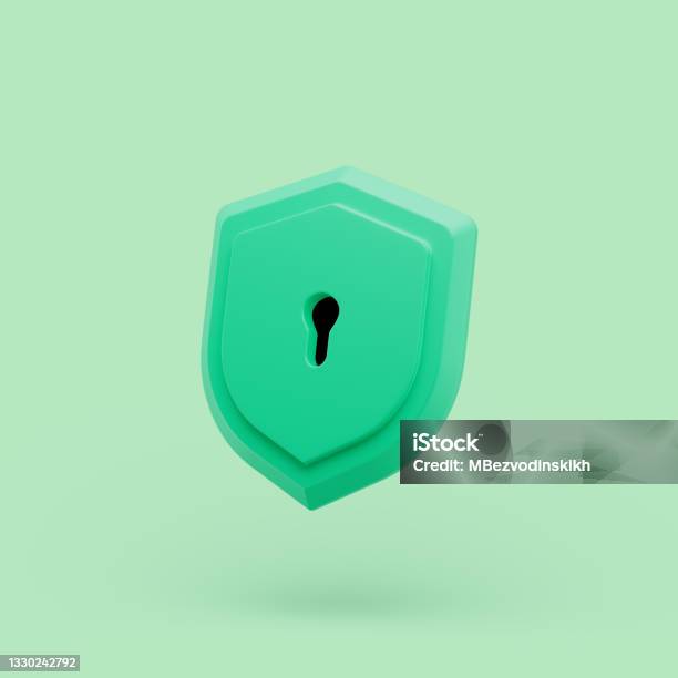 Shield Protected Icon With Keyhole Simple 3d Illustration On Pastel Abstract Background 3d Rendering Stock Photo - Download Image Now
