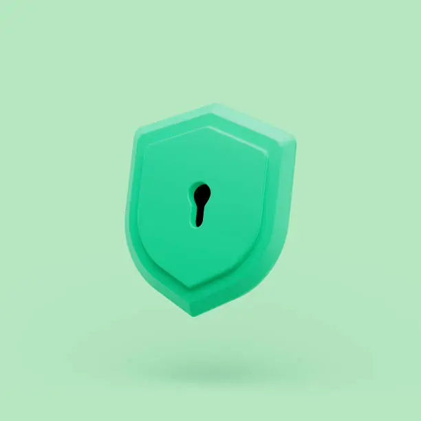 Photo of Shield protected icon with keyhole simple 3d illustration on pastel abstract background. 3d rendering