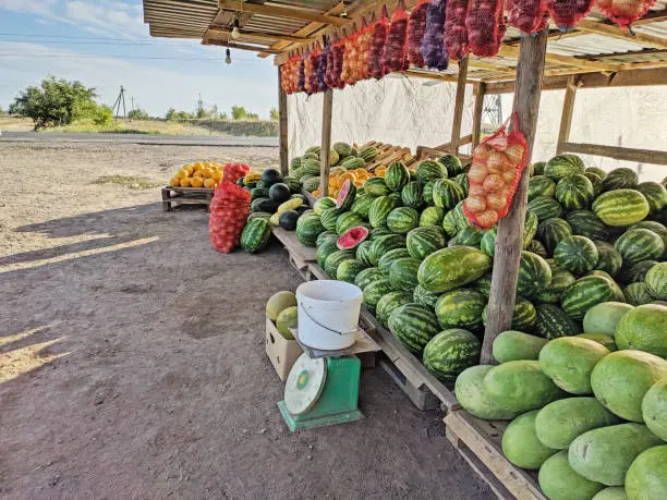 Watermelons, onions and melons are sold in market on the side of the road.